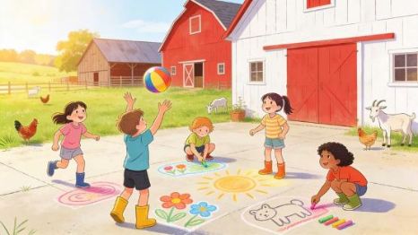 Kinder spielen mit einem Ball und malen mit Kreide bunte Blumen, Sonne und Tiere auf den Hof vor roten Scheunen mit Hühnern und Ziegen