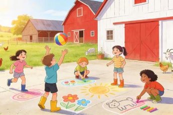 Kinder spielen mit einem Ball und malen mit Kreide bunte Blumen, Sonne und Tiere auf den Hof vor roten Scheunen mit Hühnern und Ziegen