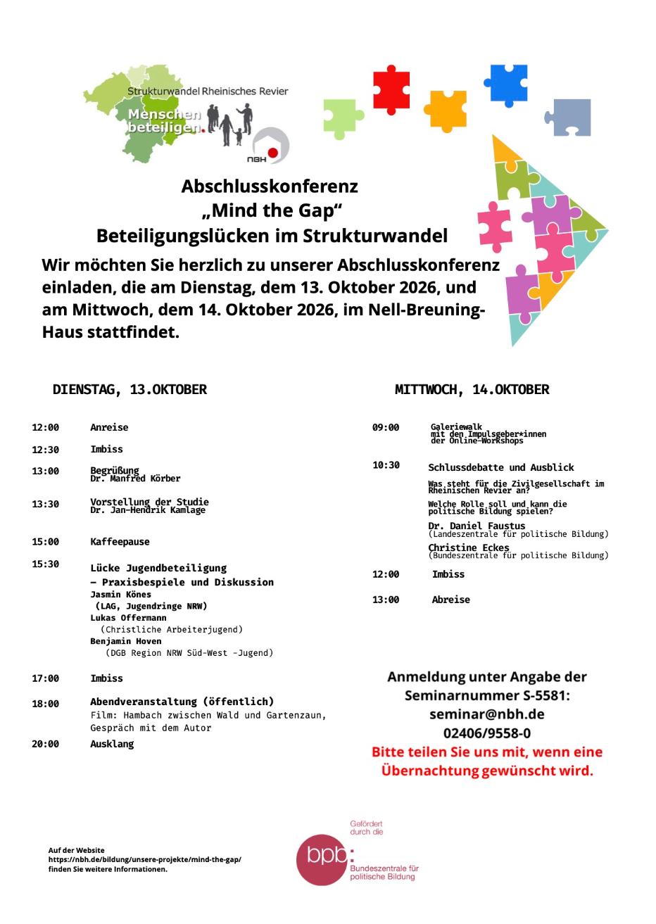Flyer zu Abschlusskonferenz „Mind the Gap“ Beteiligungslücken im Strukturwandel am 13/14 Oktober im NBH