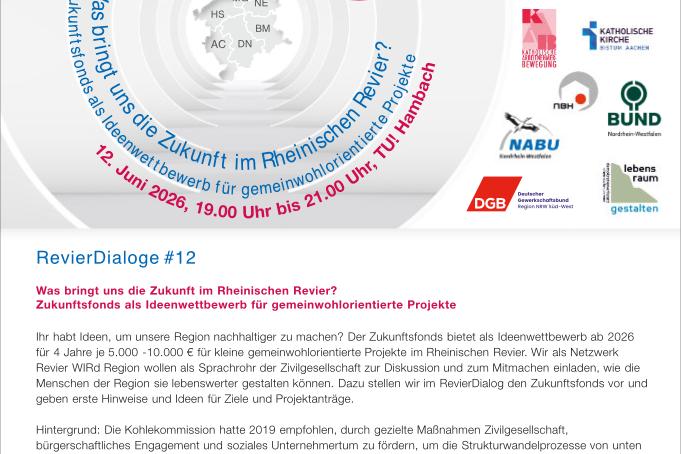 RevierDialog#12 am 12.06.2026 von 19.00 Uhr bis 21.00 Uhr bei der TU! Hambach, Treffpunkt: ehemalige Kita, Ellener Straße 26, 52399 Bürgewald–Merzenich