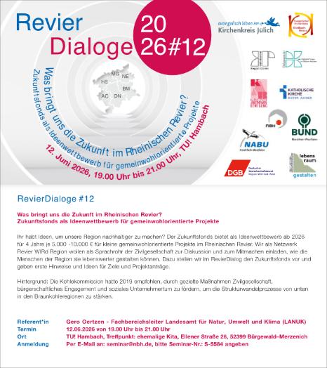 RevierDialog#12 am 12.06.2026 von 19.00 Uhr bis 21.00 Uhr bei der TU! Hambach, Treffpunkt: ehemalige Kita, Ellener Straße 26, 52399 Bürgewald–Merzenich