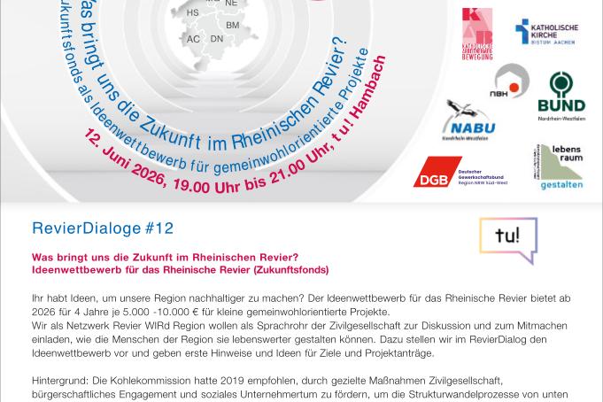 RevierDialog#12 am 12.06.2026 von 19.00 Uhr bis 21.00 Uhr bei der TU! Hambach, Treffpunkt: ehemalige Kita, Ellener Straße 26, 52399 Bürgewald–Merzenich