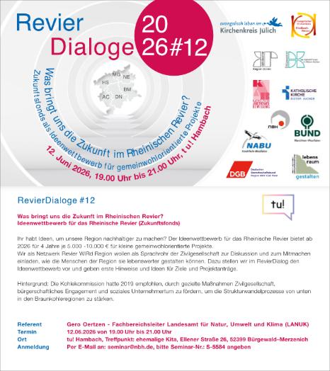 RevierDialog#12 am 12.06.2026 von 19.00 Uhr bis 21.00 Uhr bei der TU! Hambach, Treffpunkt: ehemalige Kita, Ellener Straße 26, 52399 Bürgewald–Merzenich