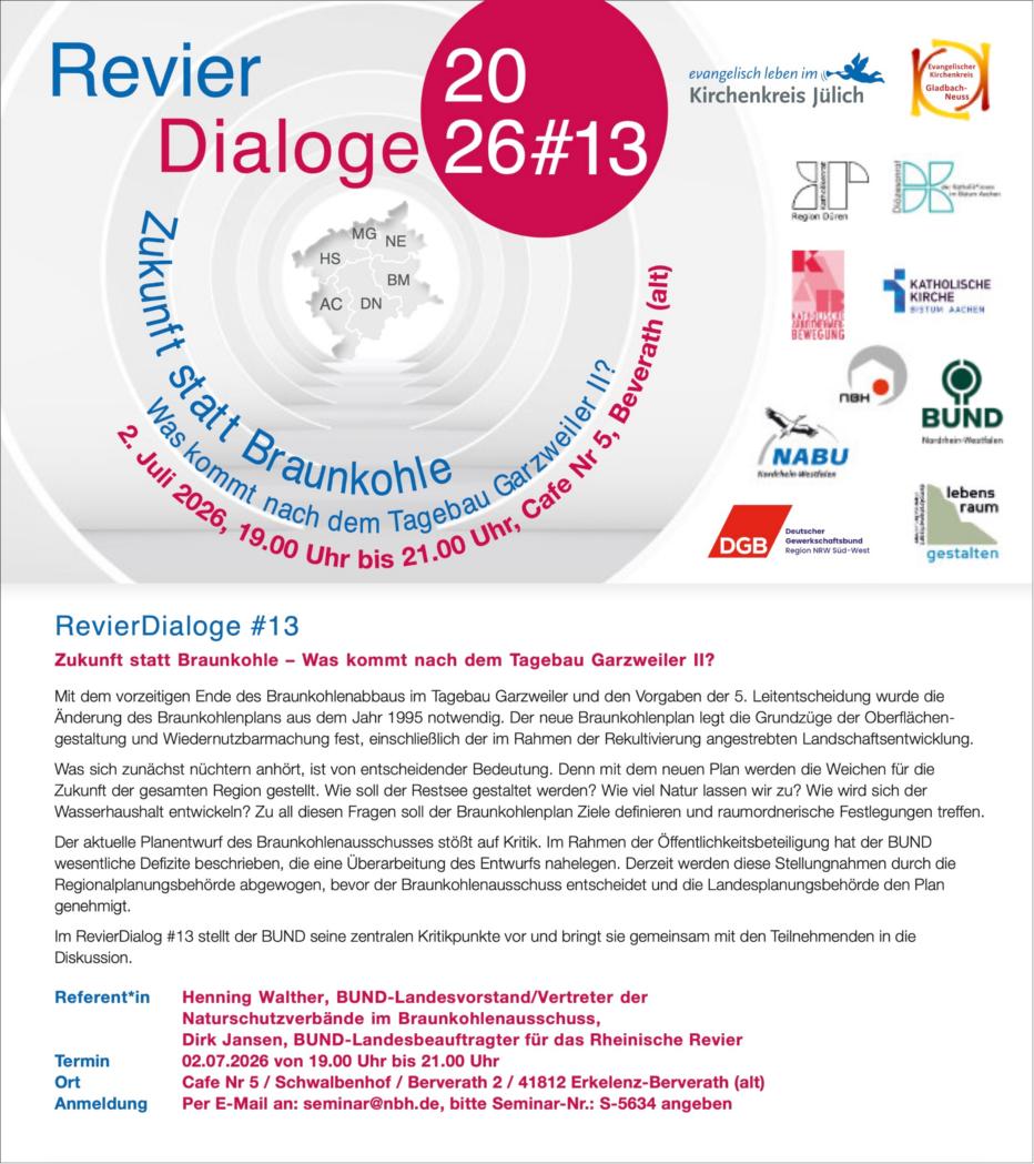 Flyer zum Revierdialog#13 am 02.07, 19.00 - 21.00 Uhr im Cafe Nr 5, Schwalbenhof, Berverath